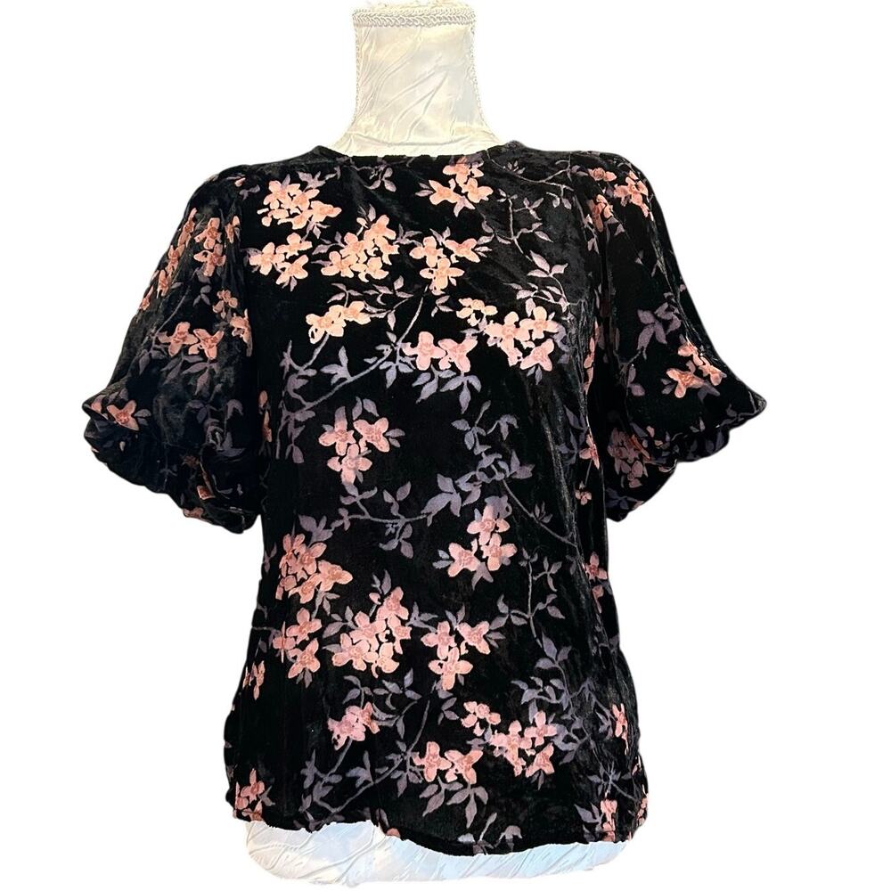 Black Floral Burnout Velvet Top Sheer Panel Flutter Sleeve Dark Romantic S - Picture 2 of 16